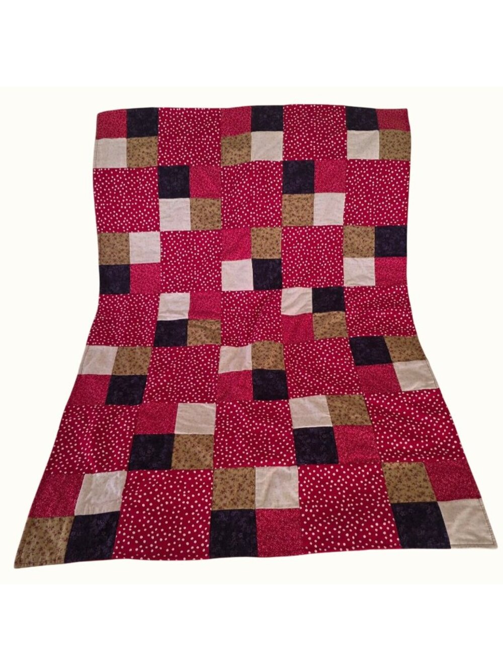 Handmade Patchwork Quilt Small Throw Red Multi Floral Polka Dot 35 x 48